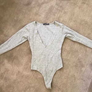 Waffle long sleeve body suit with deep v neck